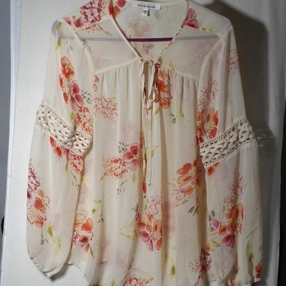 Black Rainn pxl p xl cream sheer floral print top shirt xl soft girl whimsy lace